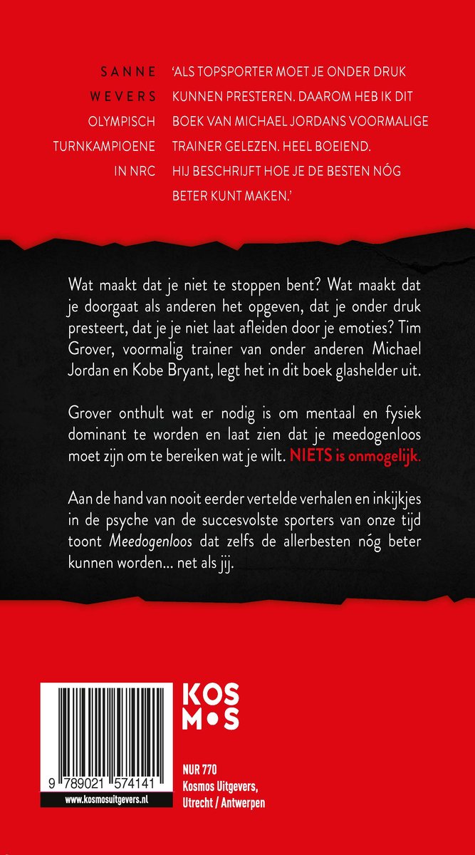 Achterkant boek kaft met NRC quote in rood en zwart. ISBN nummer en uitgever Kosmos.