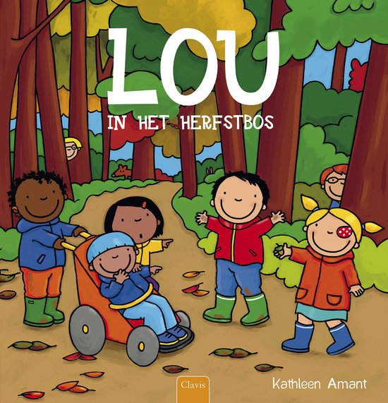 Kinderen in een herfstbos met de titel 'Lou in het herfstbos'. Lou in rode jas, een kind in rolstoel met blauwe muts.