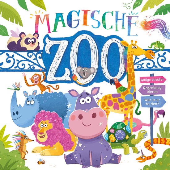 Een vrolijke illustratie van de voorkant van het 'Magische Zoo' boek met veel dieren, waaronder een nijlpaard, leeuw en giraf.
