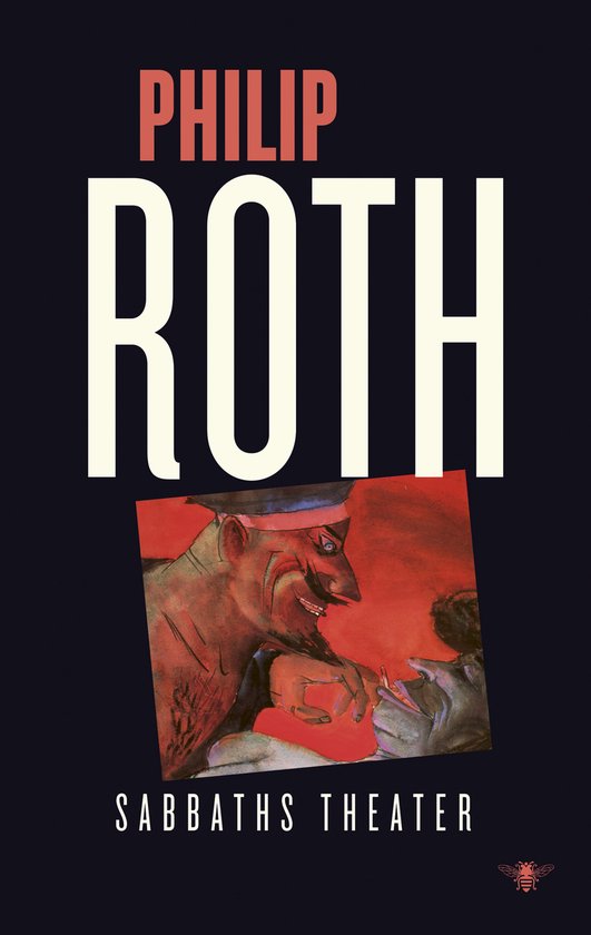 Boekomslag met rode en witte tekst 'PHILIP ROTH SABBATHS THEATER' en een illustratie van twee mannen.
