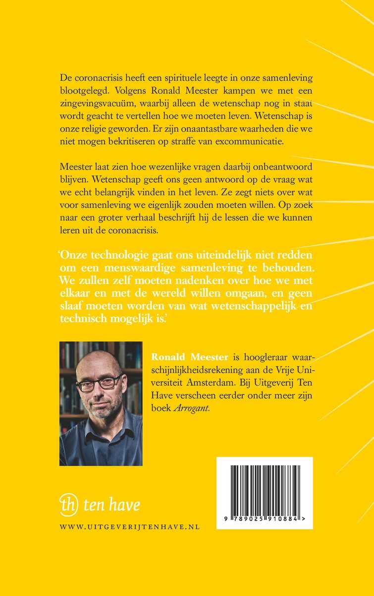 Boekomslag met portret van Ronald Meester, de tekst 'Wetenschap als nieuwe religie' en 'ten have'.