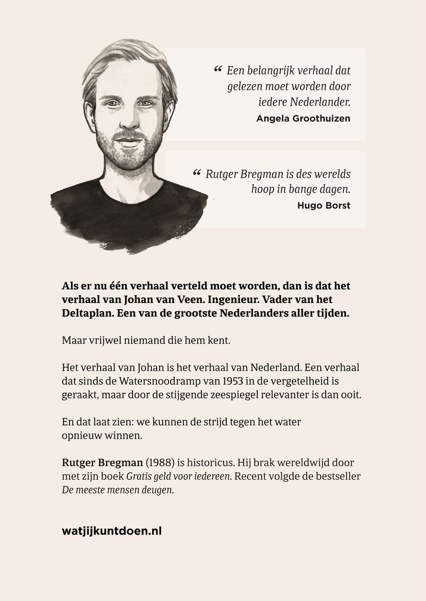 Boek "Het Water Komt", met portret van Rutger Bregman en citaten over zijn boek.