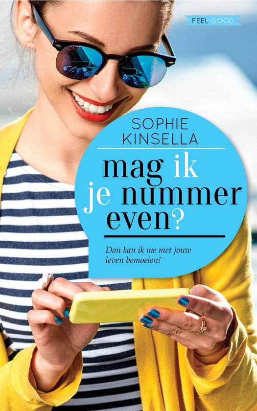 Een vrouw met zonnebril en gele vest lacht en houdt een gele telefoon vast. "Mag ik je nummer even?"