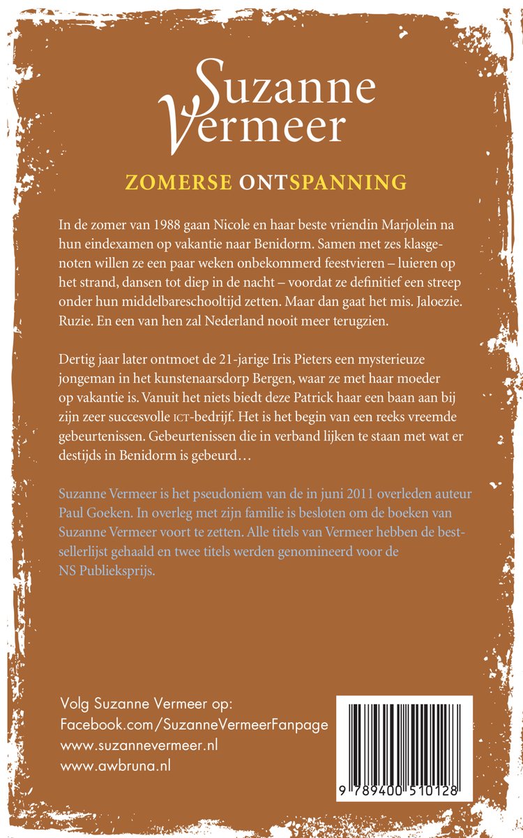 Boekcover met de tekst 'Suzanne Vermeer Zomerse Ontspanning'. Witte tekst op verweerde, bruine achtergrond.