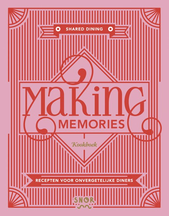 Kookboek 'Making Memories' met de tekst 'Recepten voor onvergetelijke diners'. Rode gestreepte kaft met roze details.