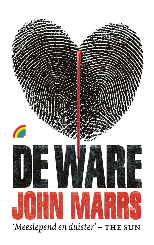 Een hartvormige vingerafdruk met een bloeddruppel, boven de tekst 'DE WARE JOHN MARRS'.