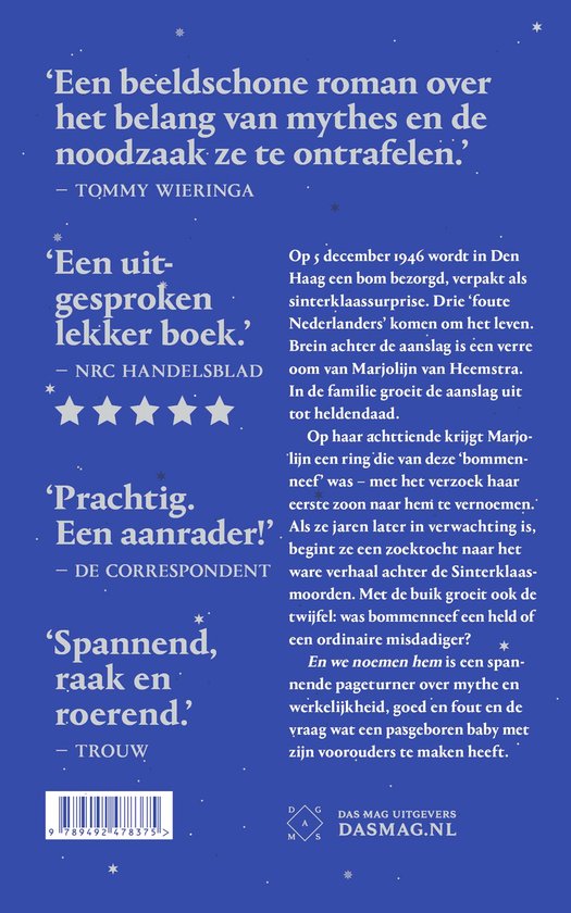 Boekomslag met recensies in verschillende formaten. Titel: 'Een beeldschone roman over het belang van mythes en de noodzaak ze te ontrafelen.' De tekst is wit op een donkere achtergrond.