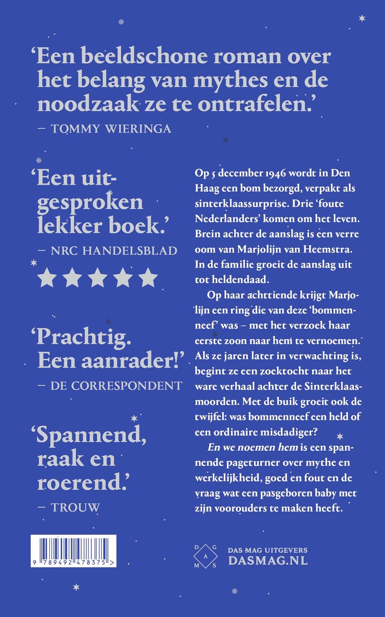 Boekomslag met recensies in verschillende formaten. Titel: 'Een beeldschone roman over het belang van mythes en de noodzaak ze te ontrafelen.' De tekst is wit op een donkere achtergrond.