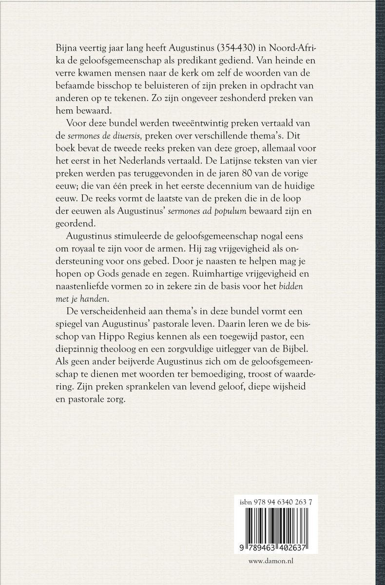 Achterkant van een boek met tekst over de preken van Augustinus en ISBN.