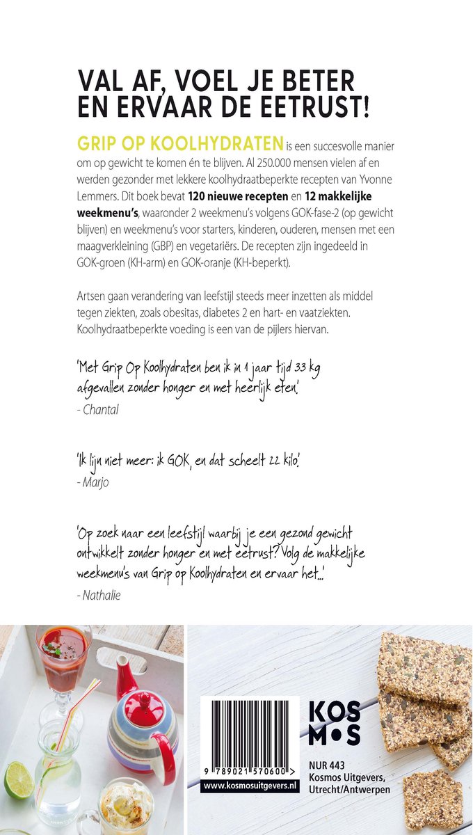 Kookboek "Grip op Koolhydraten" met recepten en citaten. Rechts: Gekruide repen.
