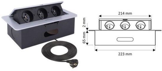 Zilverkleurige inbouw stekkerdoos met drie stopcontacten en kabel, met technische tekening.