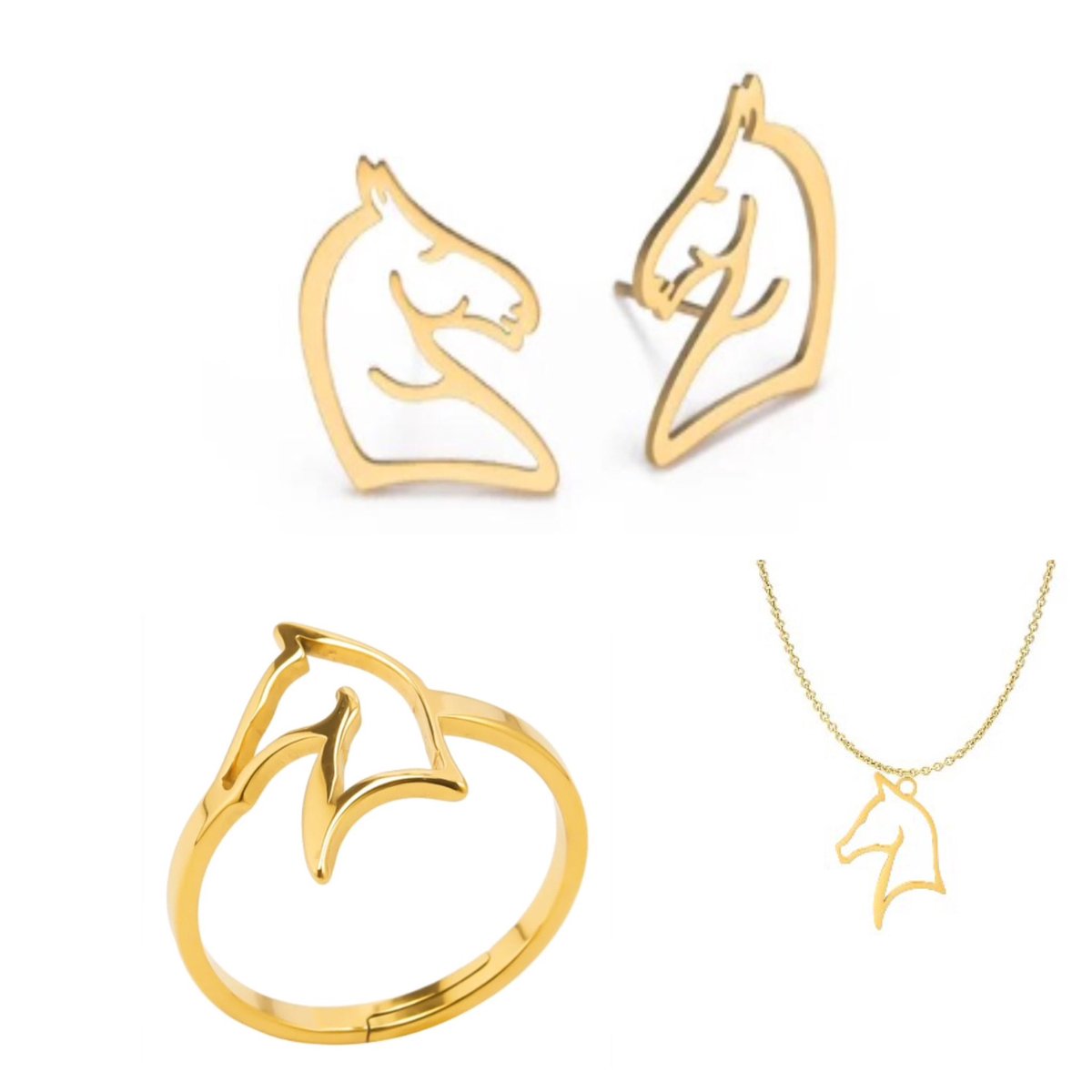 SportPresent® - Sieradenset - Paardrijden - Oorbellen - Ketting - Ring - Paard - Sport - Goud kleur - hippische sport - Sieraad - Sportsieraden - Team - Teamkado