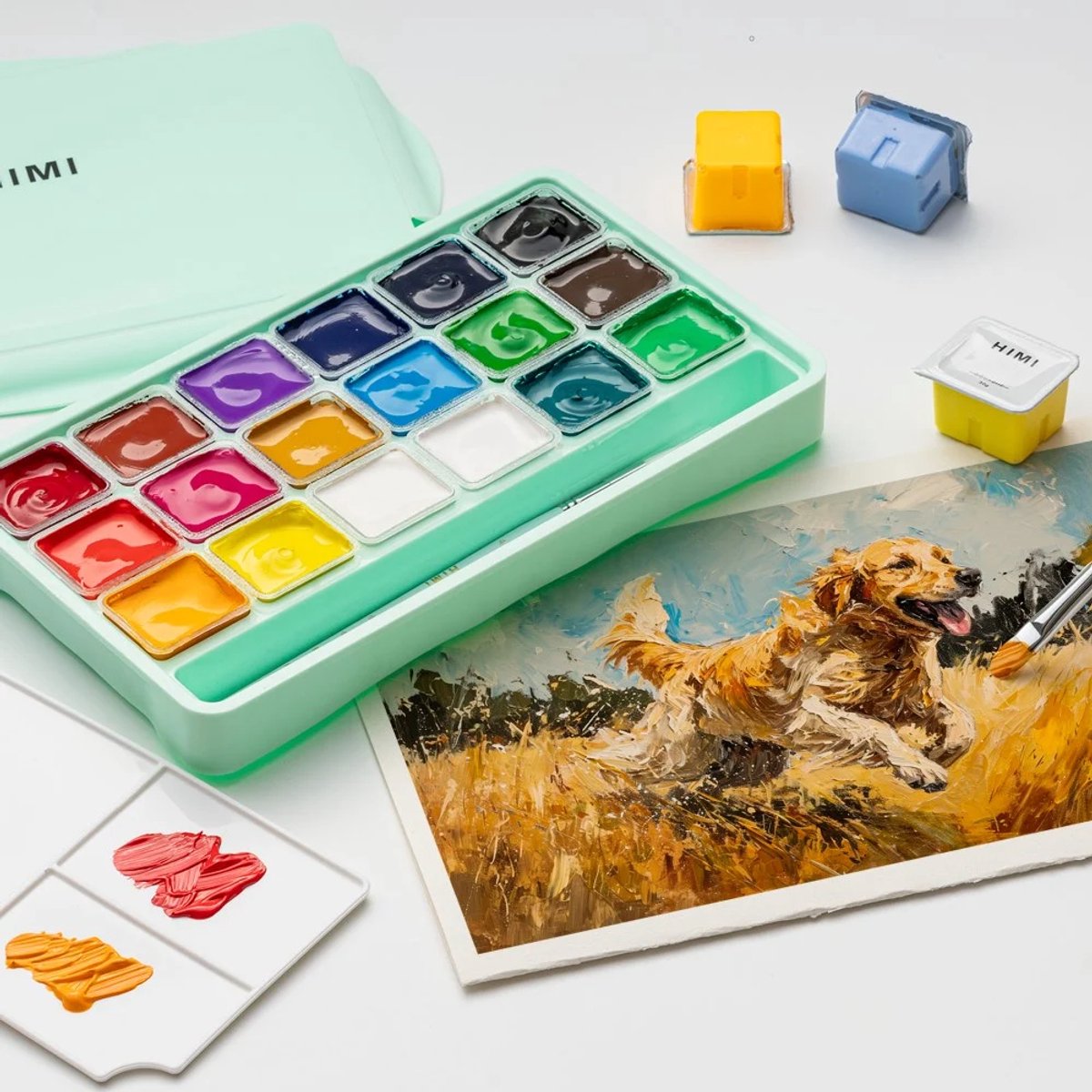 HIMI - Gouache - set van 18 kleuren - 30gr - 3 penselen - Groen — afbeelding 6