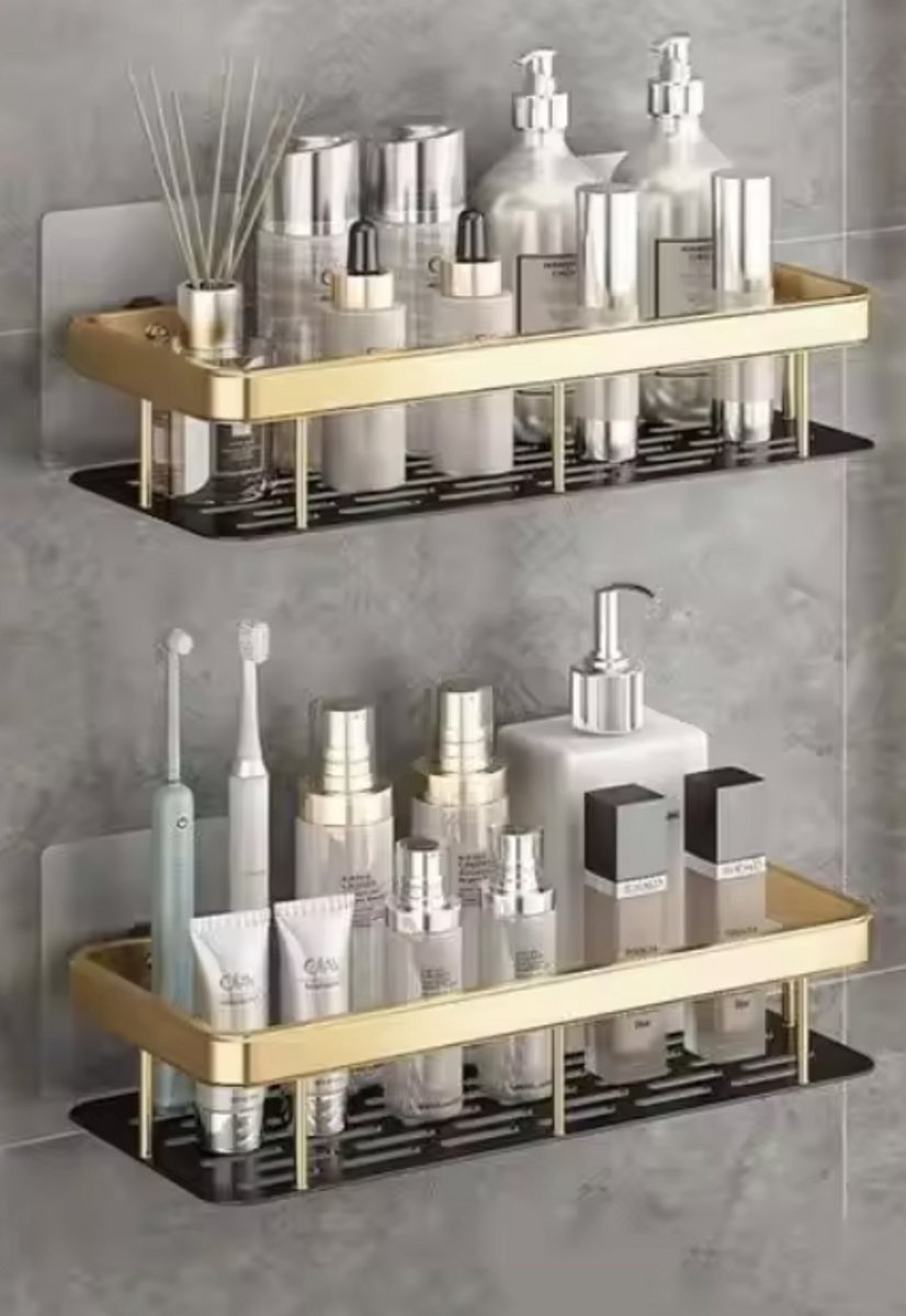 Shampoo Houder - Doucherek Zwart Goud - Zonder Boren - 2 Laags - Zelfklevende - Badkamer Rek - Goud