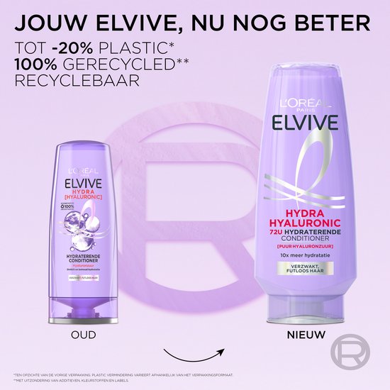 Comparaison entre les anciennes et nouvelles bouteilles d'après-shampooing L'Oréal Elvive Hydra Hyaluronic.