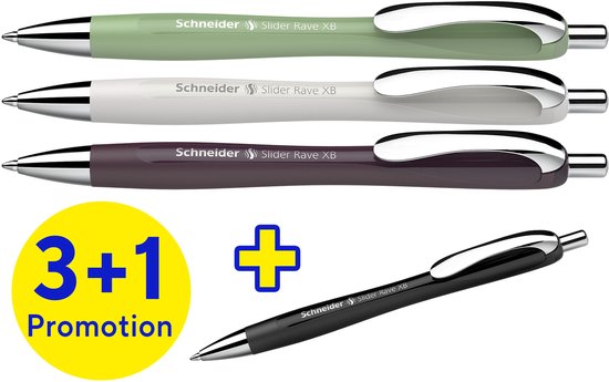 Set van vier pennen in groen, grijs, paars en zwart, met een 3+1 promotie.