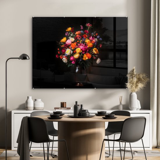 MuchoWow® Peinture sur verre 120x90 cm - Peinture acrylique sur verre - Colorée - Bouquet - Vase - Brun foncé - Photo sur verre - Décoration murale salon - Décoration murale chambre - Peintures