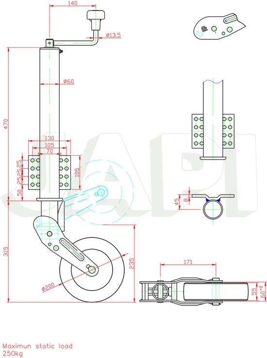 Automatisch Neuswiel 60mm | 250 kg | versterkt wiel | universele bevestigingsplaat — afbeelding 2