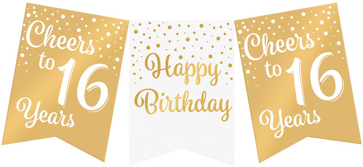 Vlaggenlijn | Set á 6 stuks | Feestvlaggen banner goud wit | met tekst 16 jaar | 6 meter | 10 vlaggen | hoogte 20 cm