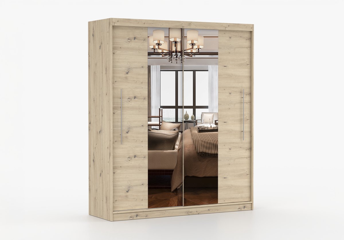 AJE Meubles B.V. Kledingkast NICO I 203 cm - 2-deurs schuifdeurkast met spiegel en kledingstang - Garderobekast met ruime opbergruimte - Moderne kast voor slaapkamer en hal (Artisan)