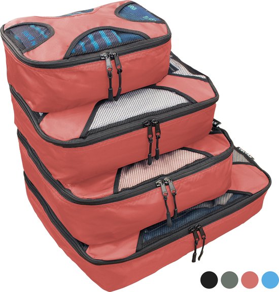 Vier stapelbare roze packing cubes met gaasfront en zwarte ritsen.