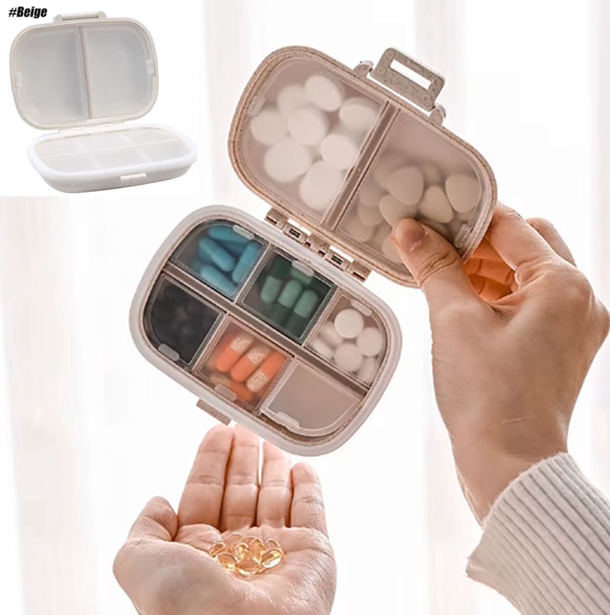 Actie4you® - Pillendoosje - Pillendoos - Medicijnendoosje - 8 vakken - Verzegeld – Beige