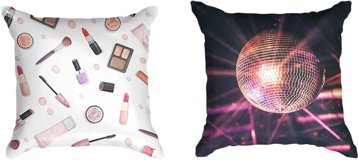 Ulticool  - Kussenhoes - Lippenstift Nagellak Discobal Discolicht Discolamp - Set van 2 Kussens Exclusief Kussenvulling - Sierkussens 45x45 cm - Accessoires - Versiering Kussentjes Bank voor Decoratie Slaapkamer Jeugdkamer Kinderkamer - Zilver Goud