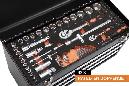 Gereedschapskoffer Gevuld – 92-delig – 3 Lades – Inclusief Complete Doppenset – Afsluitbaar / Met Slot | Centurius