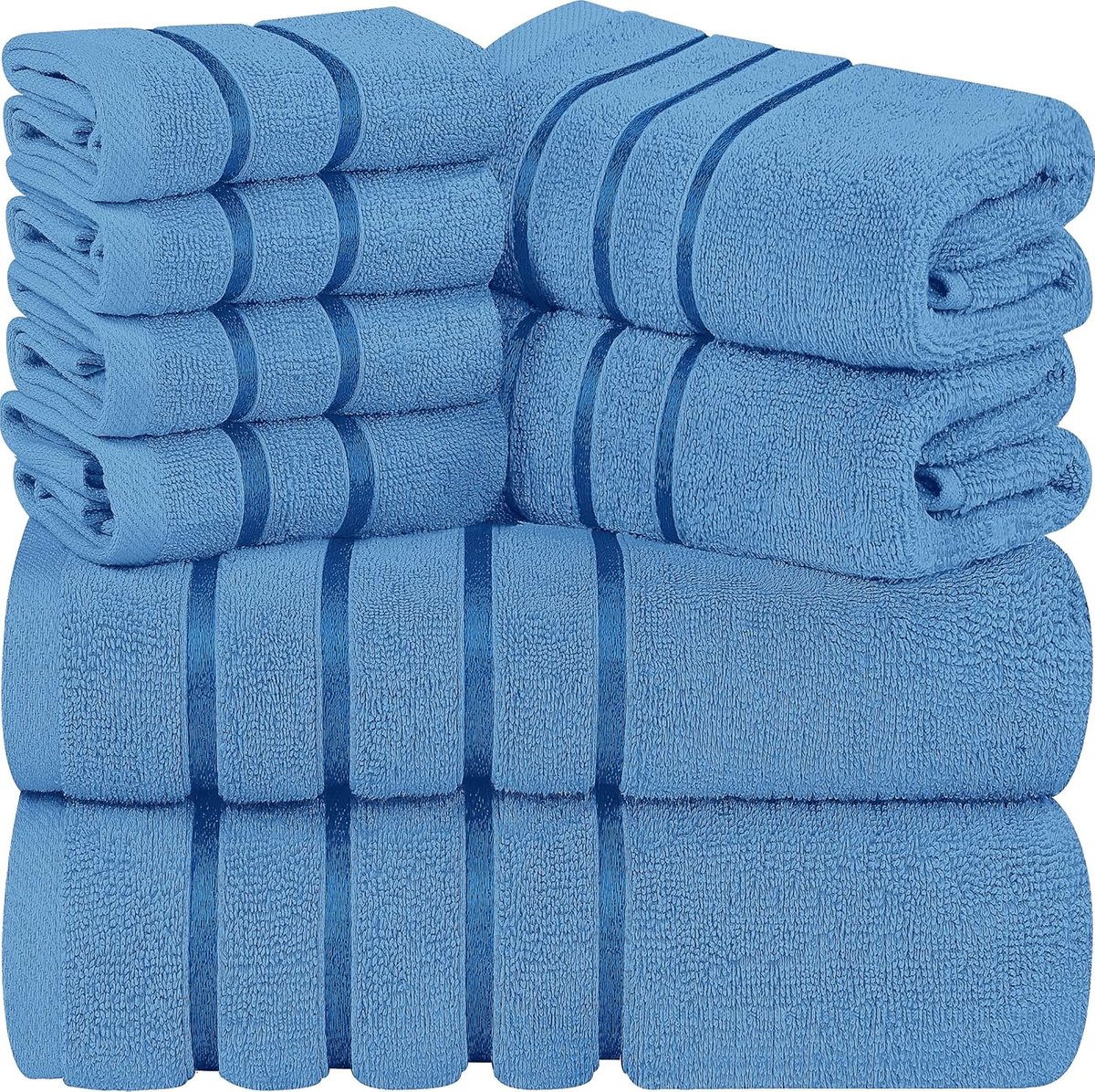 Famanu - 8-delige luxe handdoekenset, 2 badhanddoeken, 2 handdoeken en 4 washandjes, 97% ringgesponnen katoen zeer absorberend viscose streep ideaal voor dagelijks gebruik (Elektrisch blauw)