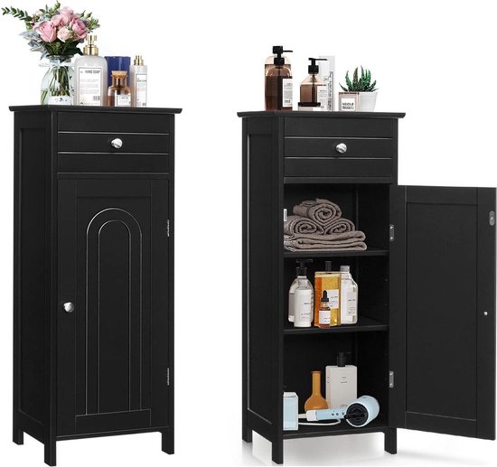 COSTWAY Badkamerkast, smalle badkamerkast met lade en deur, badkamercommode van hout met verstelbare plank, moderne opbergkast voor badkamer, woonkamer, keuken, 43 x 34 x 77 cm (zwart