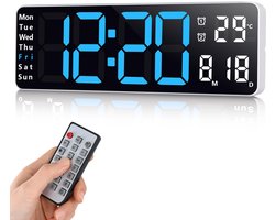 Fuloon digitale wandklok, USB-wandklok met 13-inch groot display, LED-digitale klok met afstandsbediening, tijdsaanduiding en aftelfunctie, digitale wekker met datum, week en temperatuur (blauw, 13 inch)