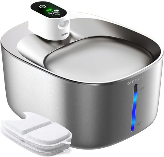 CatElite® - Premium Drinkfontein Kat - Draadloos - Waterdispenser met Sensor en Accu - Incl. 2 Filters - 4L Waterfontein Kat - Kattenfontein - Fluisterstil - Volledig RVS