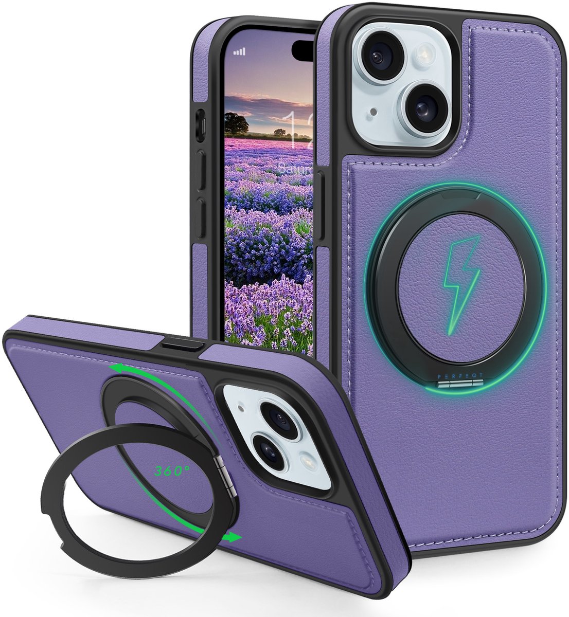 Perfeqt hoesje geschikt voor iPhone 15 Plus leren BackCover met 360° Kickstand & Keyring houder - Soft Lavender