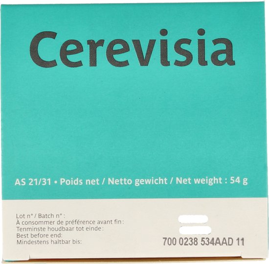 Turquoise doos met Cerevisia opschrift. Netto gewicht: 54 g.