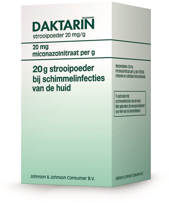 Daktarin strooipoeder 20 mg/g miconazolnitraat per g. 20 g strooipoeder bij schimmelinfecties van de huid.