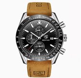 Montre homme - Chronographe - Bracelet cuir - Acier inoxydable - Zwart