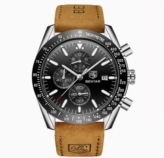 Horloge Heren – Chronograaf – Leren Band – Roestvrij Staal – Zwart