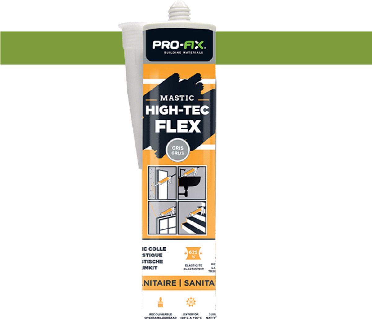 Pro-Fix - Mastic High-Tec Flex Grijs - Pro-Fix | Flexibele Lijmkit voor Sanitaire Installaties | Ideaal voor Badkamer en Keuken | Hoge Kwaliteit & Weerstand | high-tack