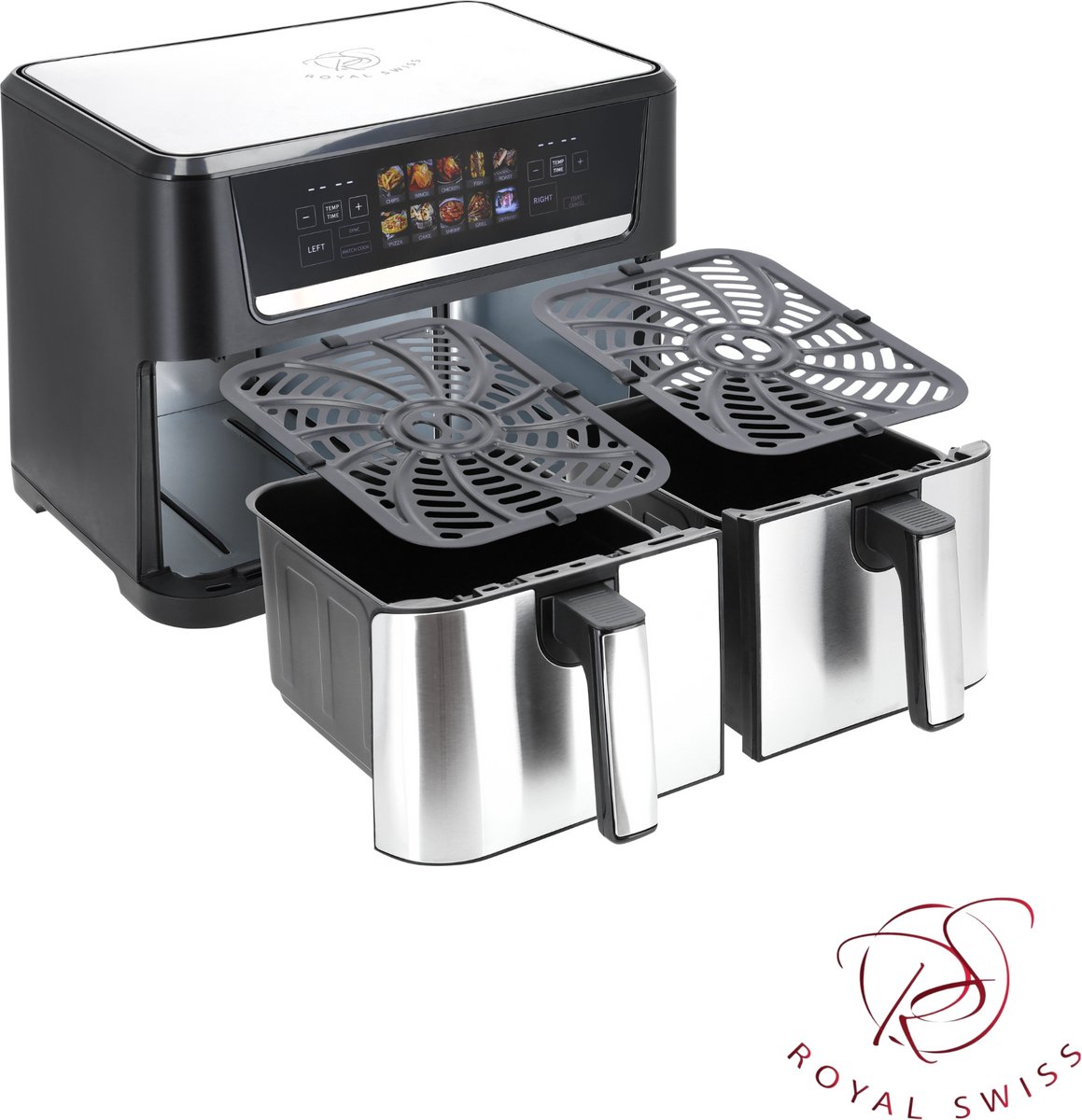 Afbeelding 2 van Royal Swiss® Dubbele Airfryer 12L – Airfryer Dubbele Mand – 10 Programma’s – 2800W – Gezond Koken – RVS Heteluchtfriteuse