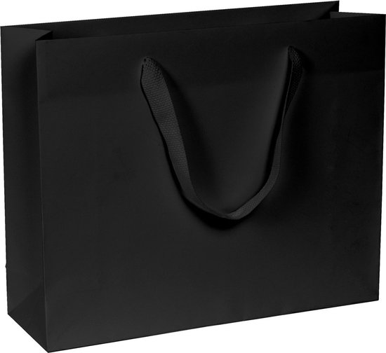 Papieren Tassen Zwart - 32+10x27 cm - A4 liggend - Luxe lintjes - Zwart - Luxe Cadeautasjes - 20 Stuks