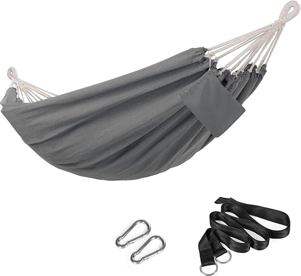Famanu - Hangmat, 210 x 150 cm, dubbele hangmat, 300 kg draagvermogen, voor terras, balkon, tuin, buiten, camping, met draagtas, bevestigingsriemen en karabijnhaken, grijs
