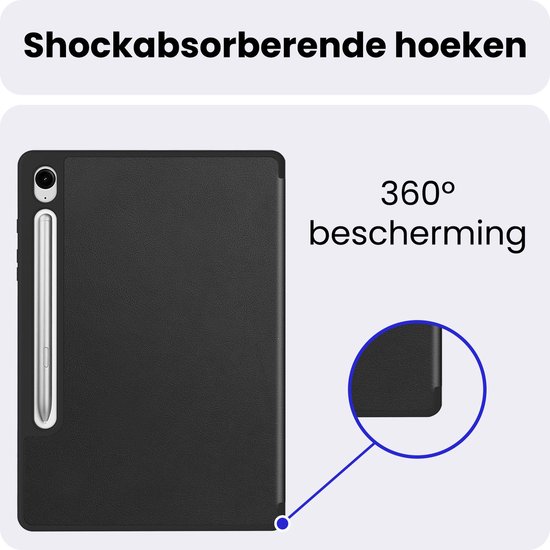 Zwarte tablethoes met schokabsorberende hoeken voor 360 graden bescherming.