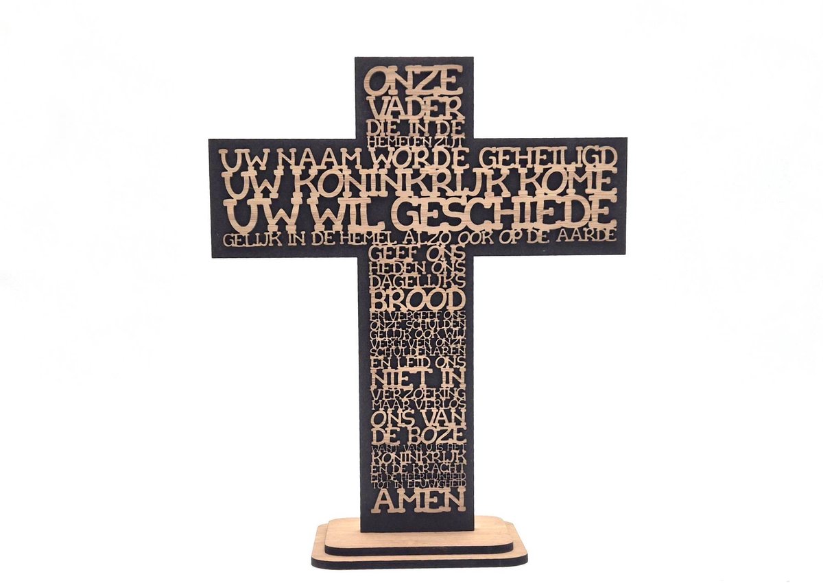Houten kruis met Het Onze Vader – drie uitvoeringen – Zwart · 24,5 × 29 cm
