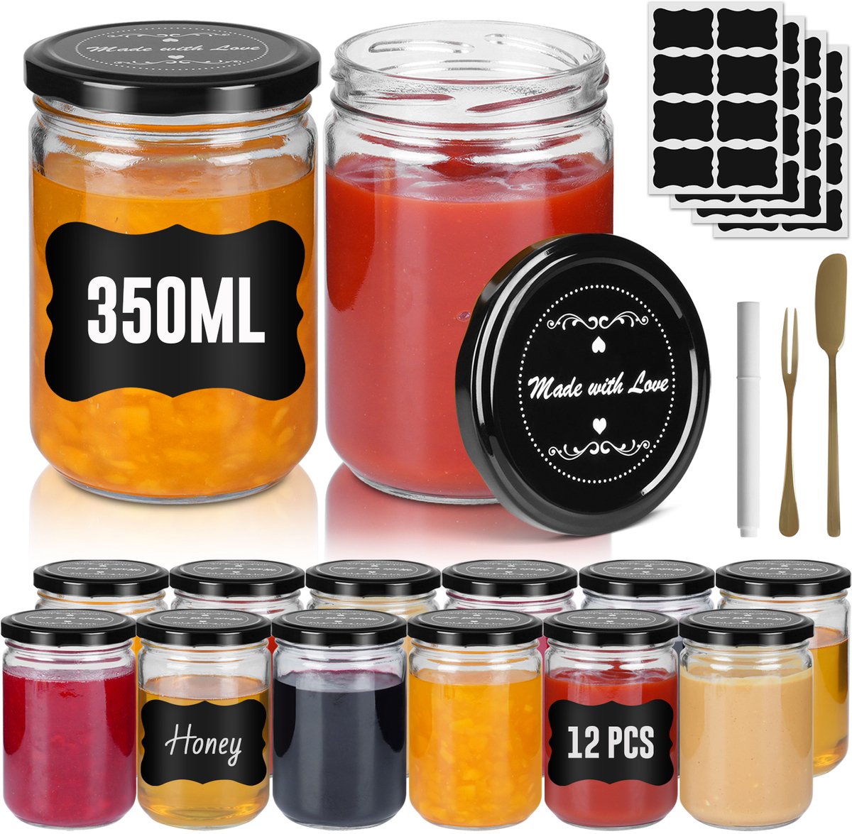 Aufun Confituurpot Jampot Inmaakpot met Zwart deksel van 350 ml - 12 stuks - Glazenpot - Jampot