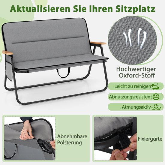 COSTWAY Campingstoel voor 2 personen, klapstoel met afneembaar kussen, zijzak en armleuningen, 300 kg draagvermogen, inklapbare campingbank, vouwbank voor buiten, tuin, camping, grijs — afbeelding 5