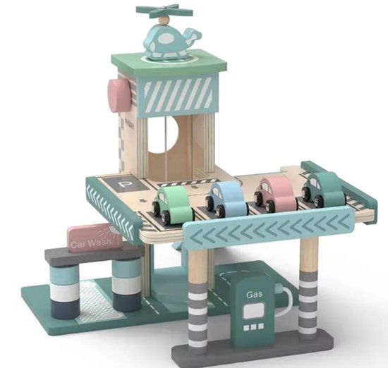 LiasToys houten speelgoedgarage – met parkeerplaats en lift