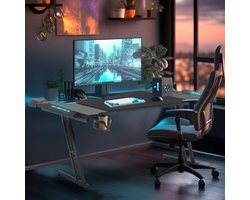 120 x 60 cm, Gamingtafel, stabiele computertafel, pc-tafel, zwart, met bekerhouder en koolstofvezelcoating, 2 openingen voor kabel, gamertafel, gamingtafel, bureautafel, zonder led