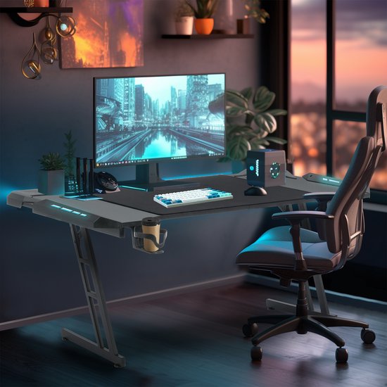 120 x 60 cm, Gamingtafel, stabiele computertafel, pc-tafel, zwart, met bekerhouder en koolstofvezelcoating, 2 openingen voor kabel, gamertafel, gamingtafel, bureautafel, zonder led
