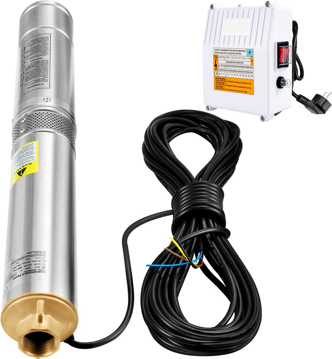 Deep Well Dompelpomp, 1100W 230V/50Hz, 190L/min 57 m opvoerhoogte, met 20 m kabel & externe regelkast, 10,2 cm roestvrijstalen waterpomp voor industrie, irrigatie