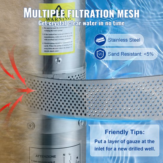 Diepe Bronpomp - met Externe Schakelkast en 20 m Stroomkabel - met Terugslagklep en Filter - Stroom 190L/min - 1100W - Maximale Opvoerhoogte van 57 m - Beschermingsgraad IP68 - Voor Regentonnen - Reservoirs - Kanalen - Rivieren - Zilver van T-ECO — afbeelding 4
